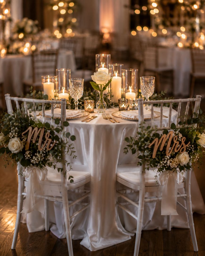 A romantic wedding reception table with white satin tablecloth, elegant candles, floral arrangements, and two chairs labeled “Mr” and “Mrs.” The setting is warmly lit with a soft, intimate ambiance.