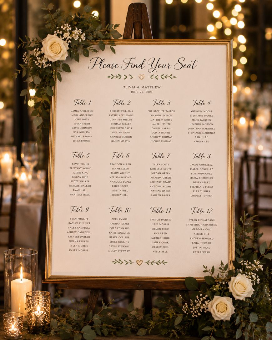 A framed wedding seating chart on an easel, decorated with white roses and greenery, lists guest names by table. The background features softly lit candles and blurred lights in an elegant venue.
