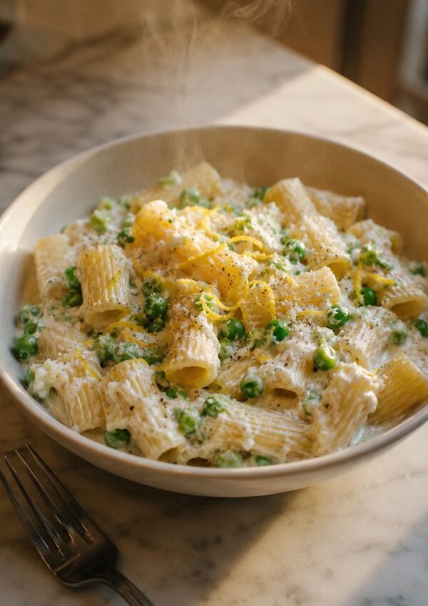 A bowl of steaming rigatoni pasta mixed with peas and a creamy ricotta sauce, garnished with lemon zest and cracked black pepper, sits on a marble surface next to a fork.