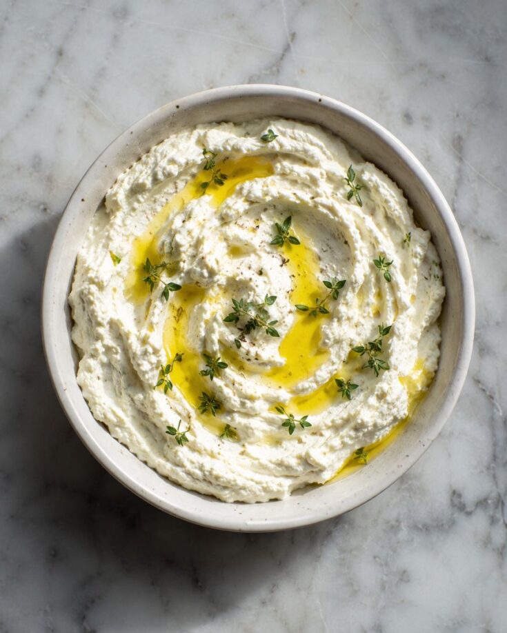 A bowl of creamy whipped feta dip topped with a drizzle of olive oil, fresh thyme leaves, and cracked black pepper, set on a marble surface.