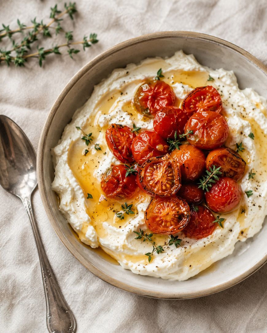 A bowl of whipped ricotta topped with roasted cherry tomatoes, fresh thyme, black pepper, and a drizzle of honey, set on a cloth with a spoon and thyme sprigs nearby.