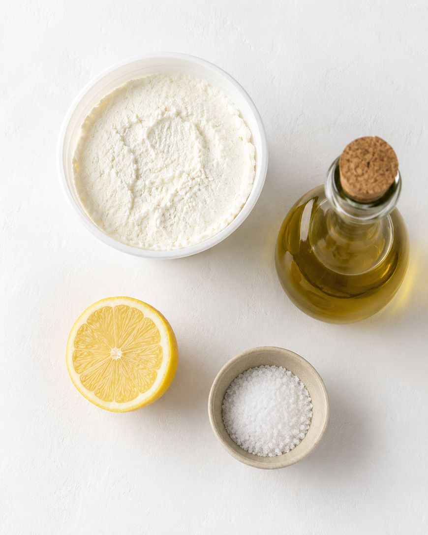 A bowl of ricotta cheese, a glass bottle of olive oil with a cork, a halved lemon, and a small bowl of salt arranged on a white surface.