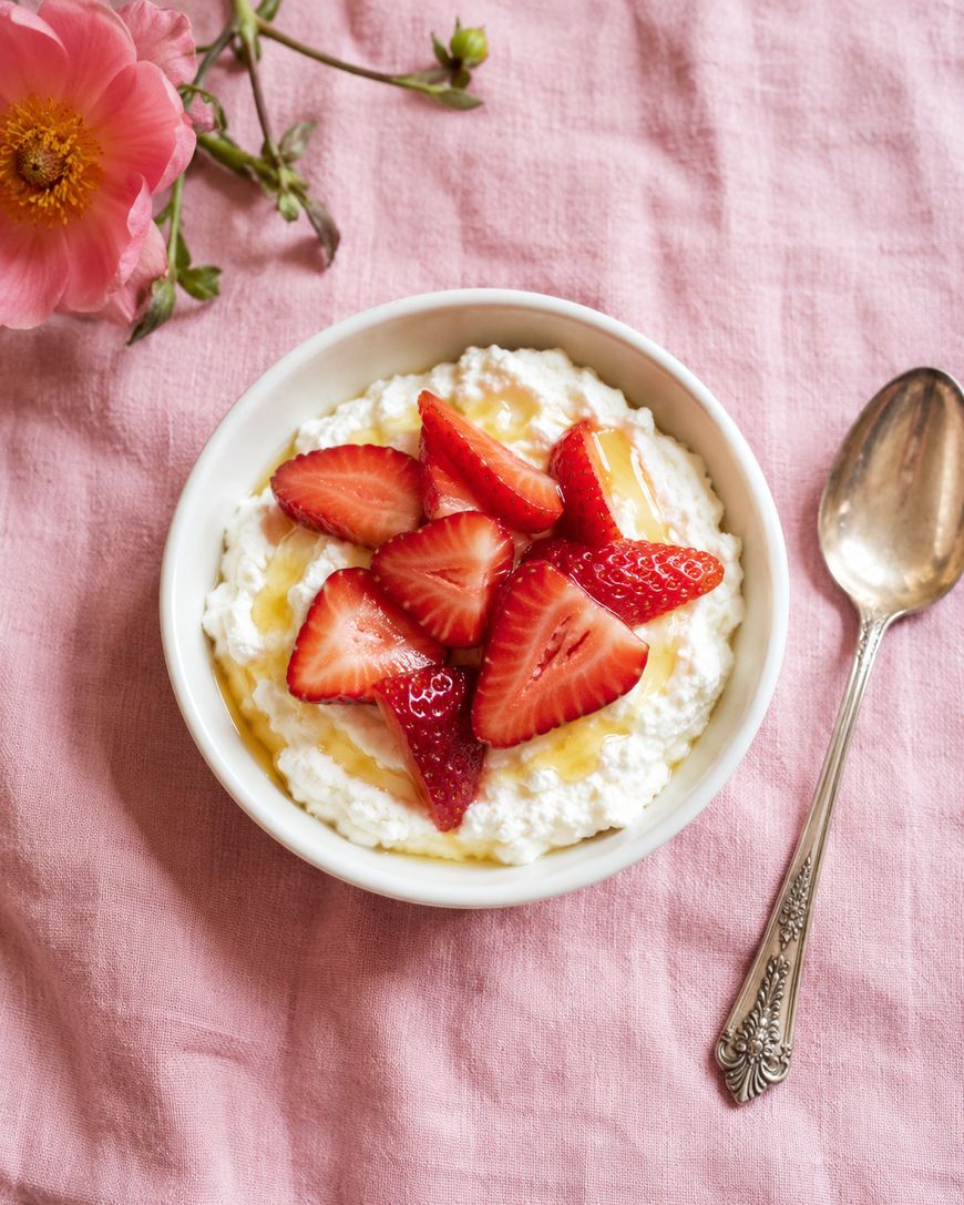 A white bowl of cottage cheese topped with sliced strawberries and honey sits on a pink cloth next to a vintage spoon and a pink flower.