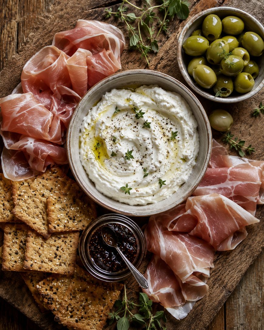 A wooden board with crackers, prosciutto, a bowl of green olives, a bowl of creamy dip drizzled with olive oil and herbs, and a small jar of jam with a spoon, garnished with fresh thyme.