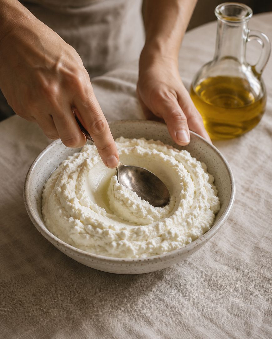 A person uses a spoon to swirl creamy ricotta cheese in a bowl on a beige tablecloth, with a glass bottle of olive oil nearby.