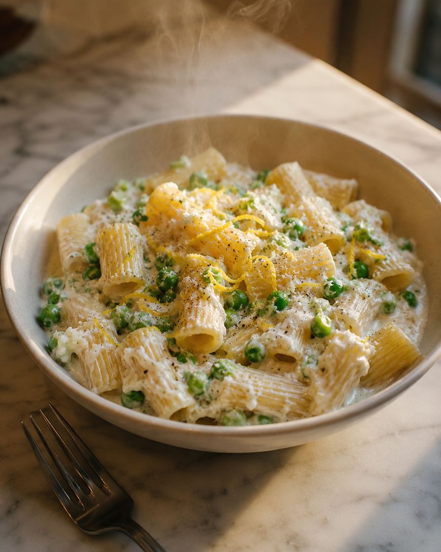 A bowl of creamy rigatoni pasta mixed with green peas and topped with grated cheese and lemon zest, sitting on a marble table next to a fork. Steam rises from the hot dish.