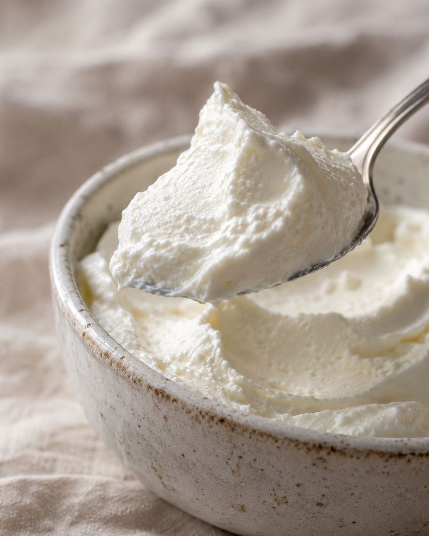 A close-up of a bowl filled with creamy, thick white ricotta cheese. A spoon is lifting a generous scoop of the cheese from the bowl. The background is softly blurred.