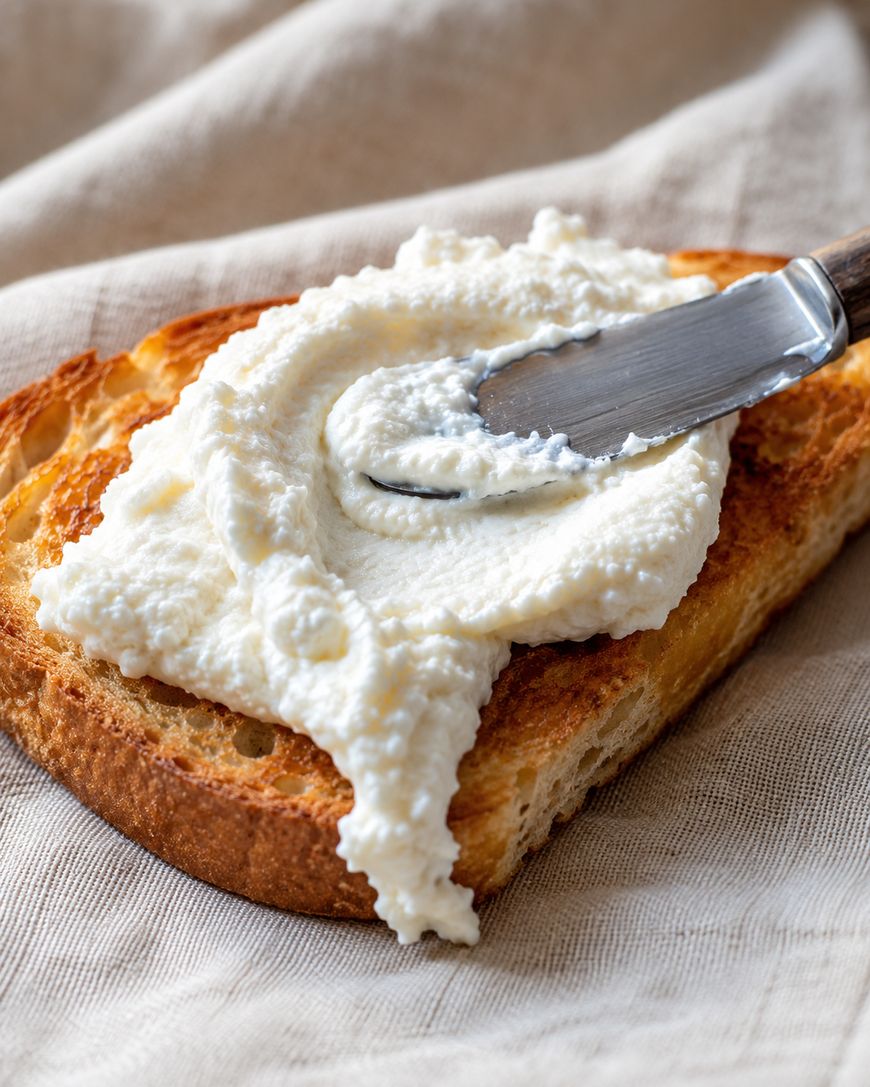 A slice of toasted bread is topped with a thick layer of creamy white cheese being spread with a butter knife, all placed on a light-colored cloth.