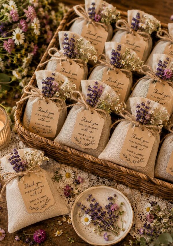 Small burlap gift bags with “Thank you” tags and dried lavender, perfect for a dreamy wedding, are arranged in a basket. Additional flowers, a candle, and a doily create charming décor on the wooden table nearby.