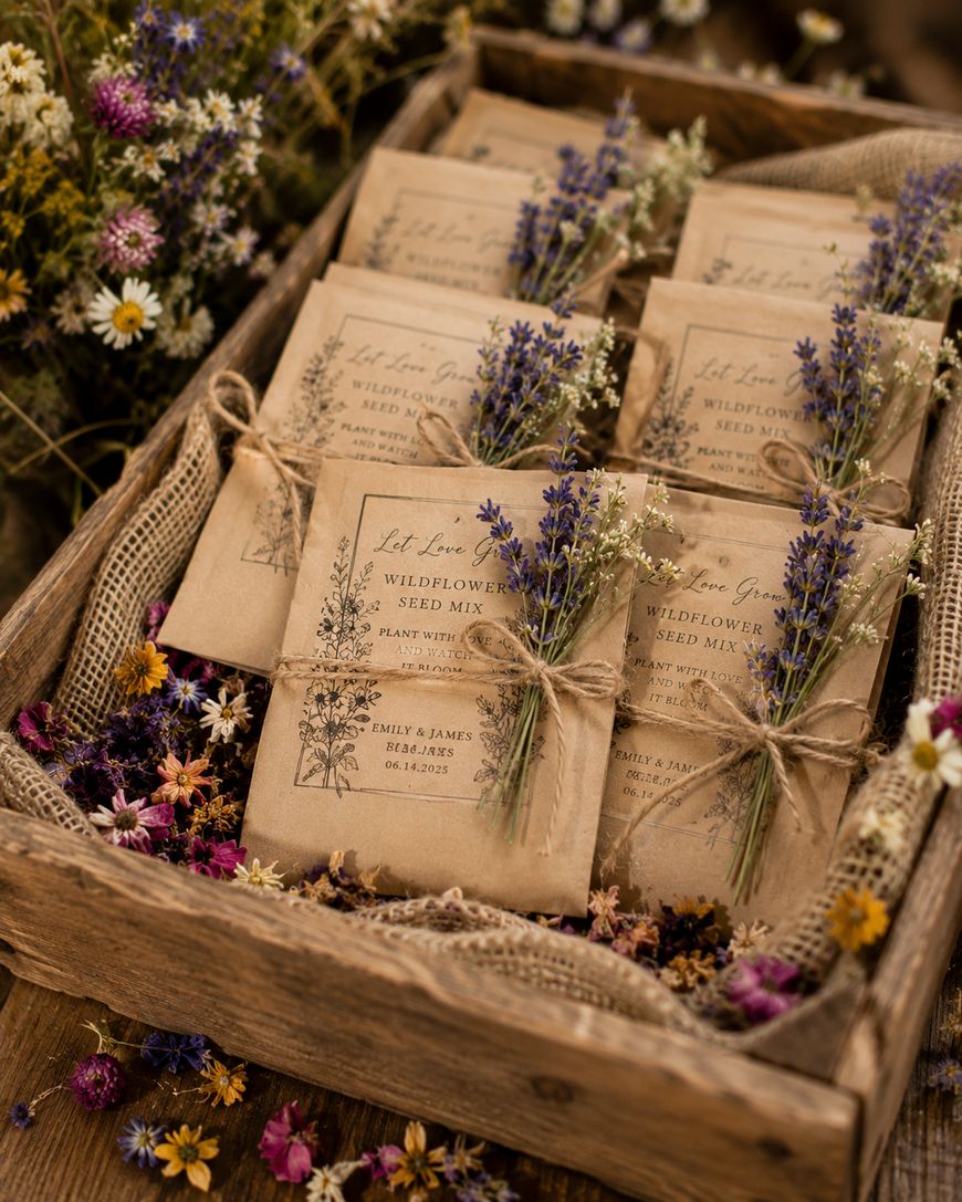A wooden tray holds several brown paper seed packets labeled “Wildflower Seed Mix,” each tied with twine and a small bundle of dried flowers, surrounded by loose dried wildflowers and burlap.