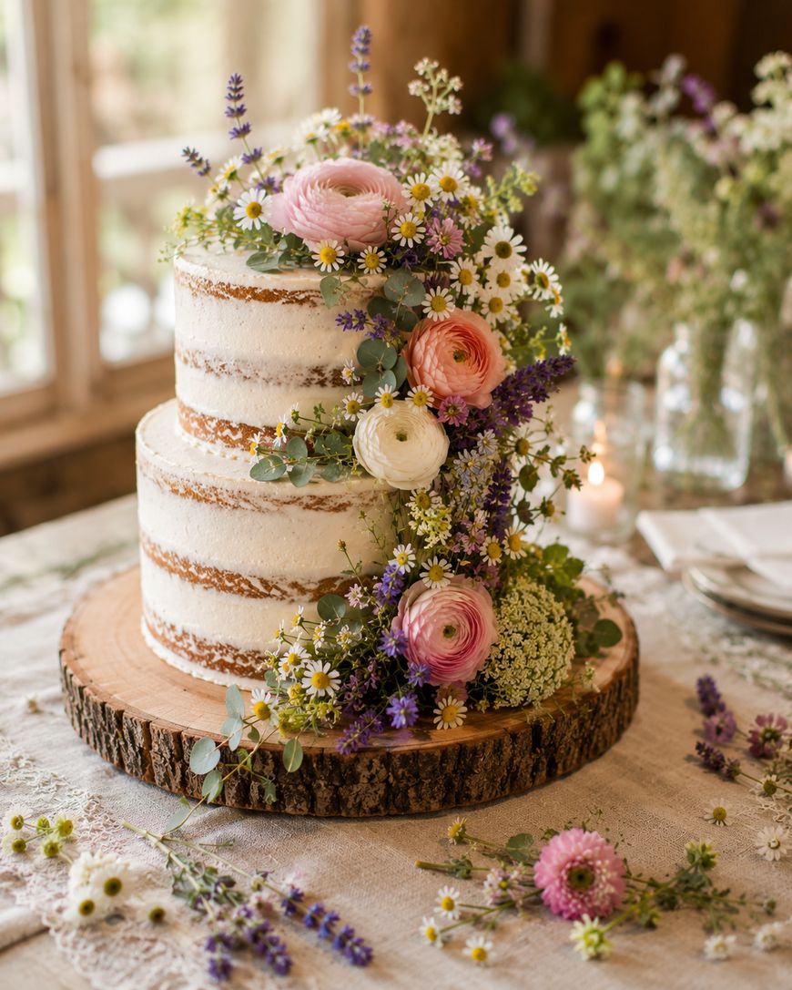 A two-tiered naked cake decorated with fresh flowers and greenery, displayed on a rustic wooden slab. The background features a softly lit table with more flowers and a window.