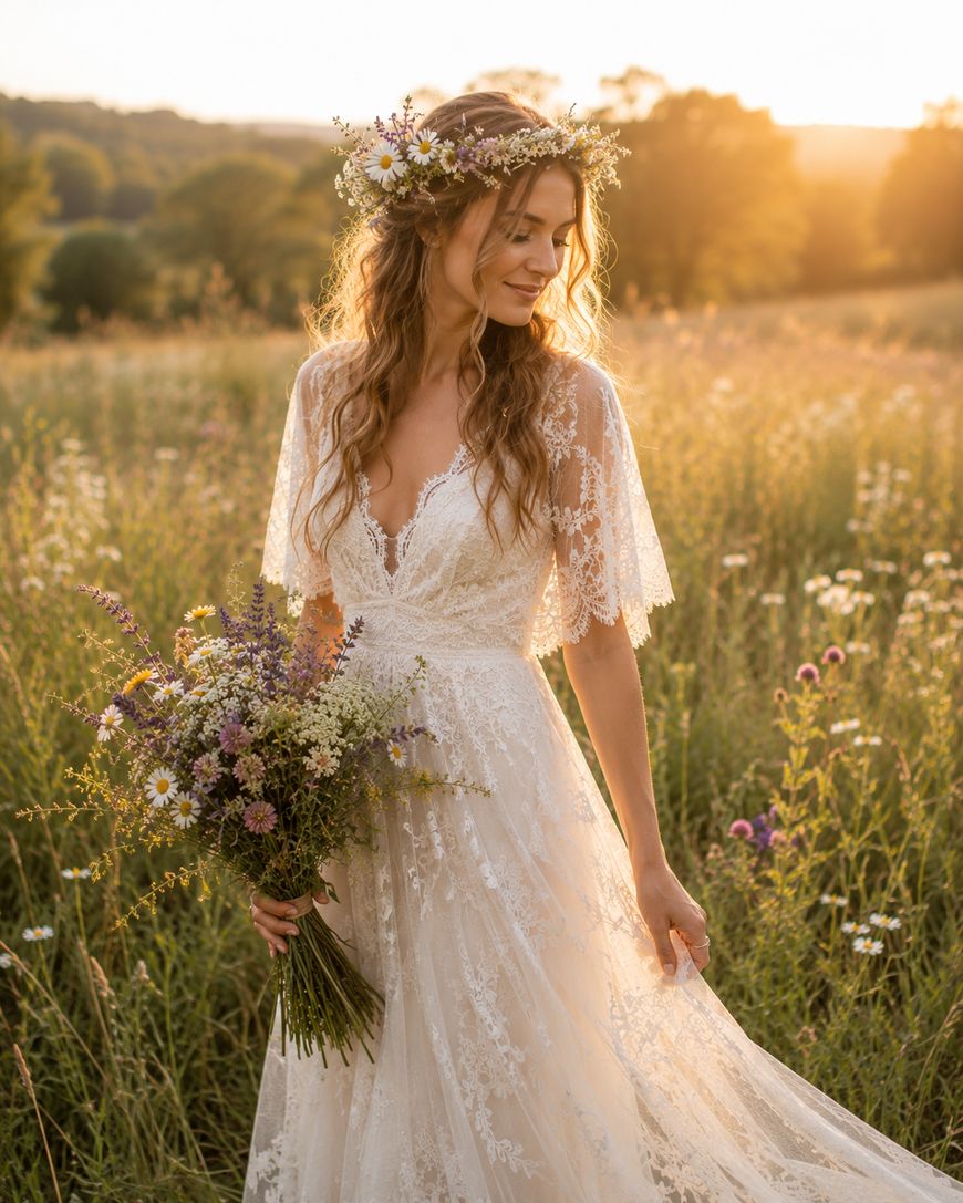 A woman in a lace wedding dress and floral crown stands in a sunlit meadow, holding a bouquet of wildflowers, with soft golden light and greenery in the background.