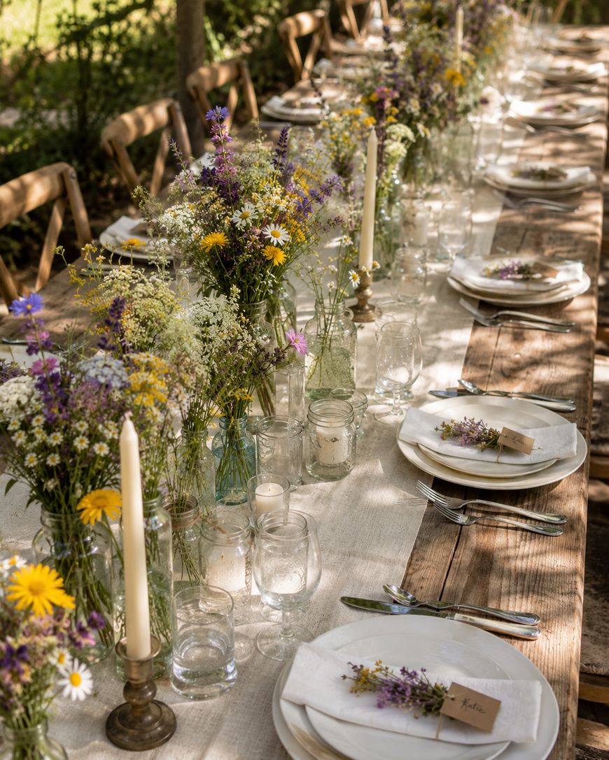 A rustic outdoor table set for a meal, decorated with wildflower centerpieces, candles, and place settings featuring sprigs of flowers and name cards. Sunlight filters through trees, creating a warm, inviting atmosphere.