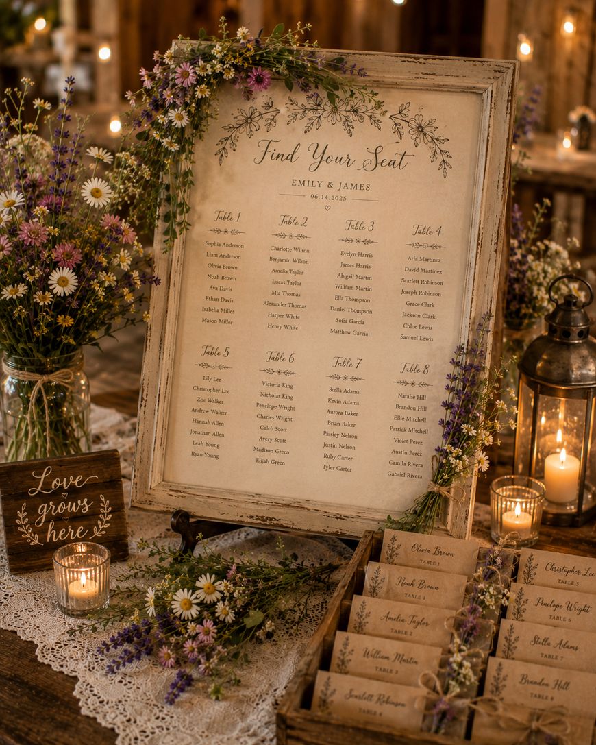 A rustic wedding seating chart is displayed in a vintage frame, surrounded by wildflowers, candles, and lace. Wooden boxes with guest name cards and floral arrangements enhance the romantic, cozy atmosphere.