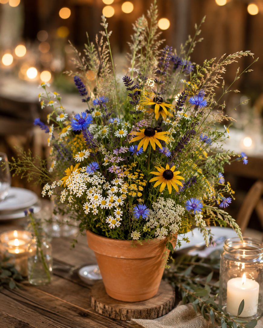 A terracotta pot filled with a colorful bouquet of wildflowers, including yellow, white, and blue blooms, sits on a wooden table set for a meal with candles and glassware, with warm string lights in the background.