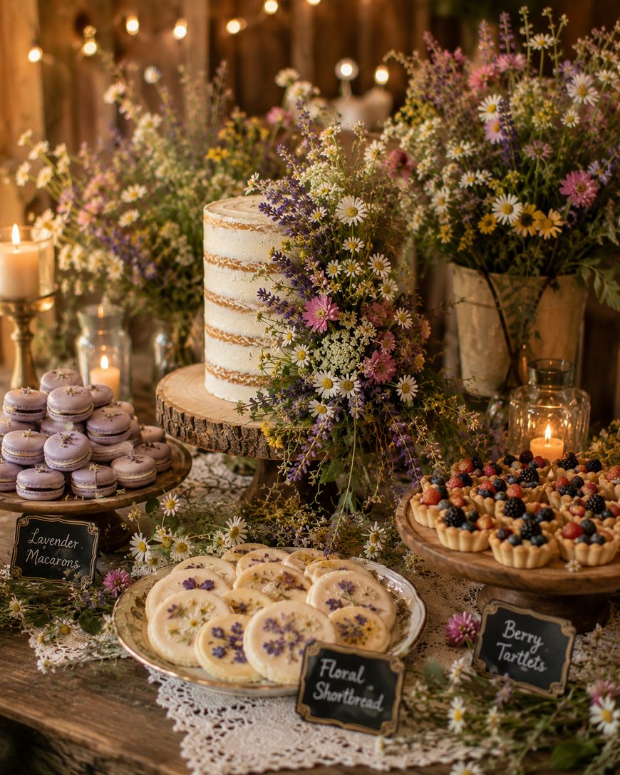 A rustic dessert table with a white naked cake, purple macarons, floral shortbread cookies, berry tarts, and wildflower arrangements, all set on wooden stands and lace, surrounded by candles and chalkboard labels.
