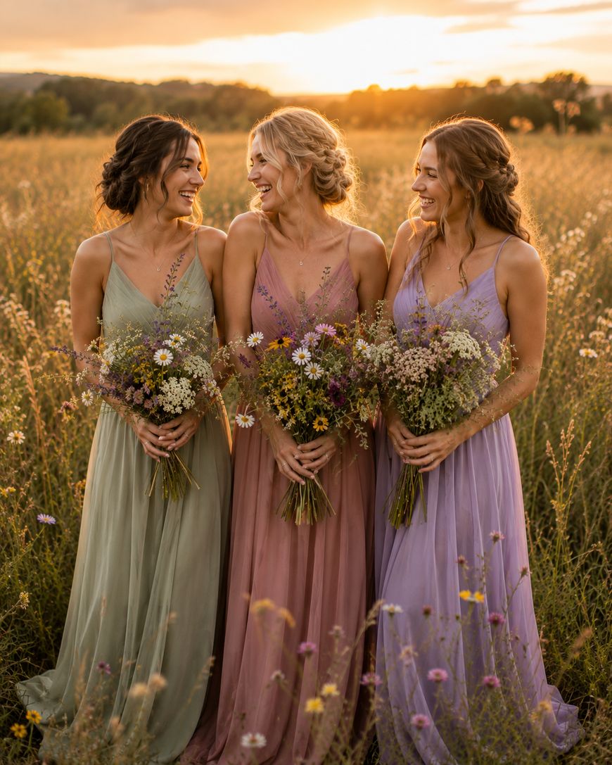 Three women in pastel-colored dresses stand in a field of wildflowers at sunset, smiling at each other and holding bouquets of wildflowers. The warm sunlight creates a golden glow around them.
