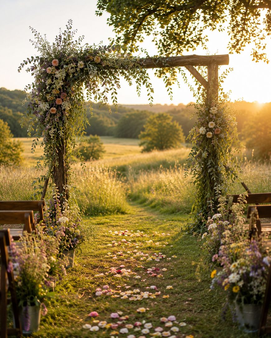 A rustic wooden wedding arch decorated with flowers and greenery stands in a sunny, grassy field. Flower petals line the aisle, flanked by wooden chairs and more floral arrangements. Trees and hills are visible in the background.