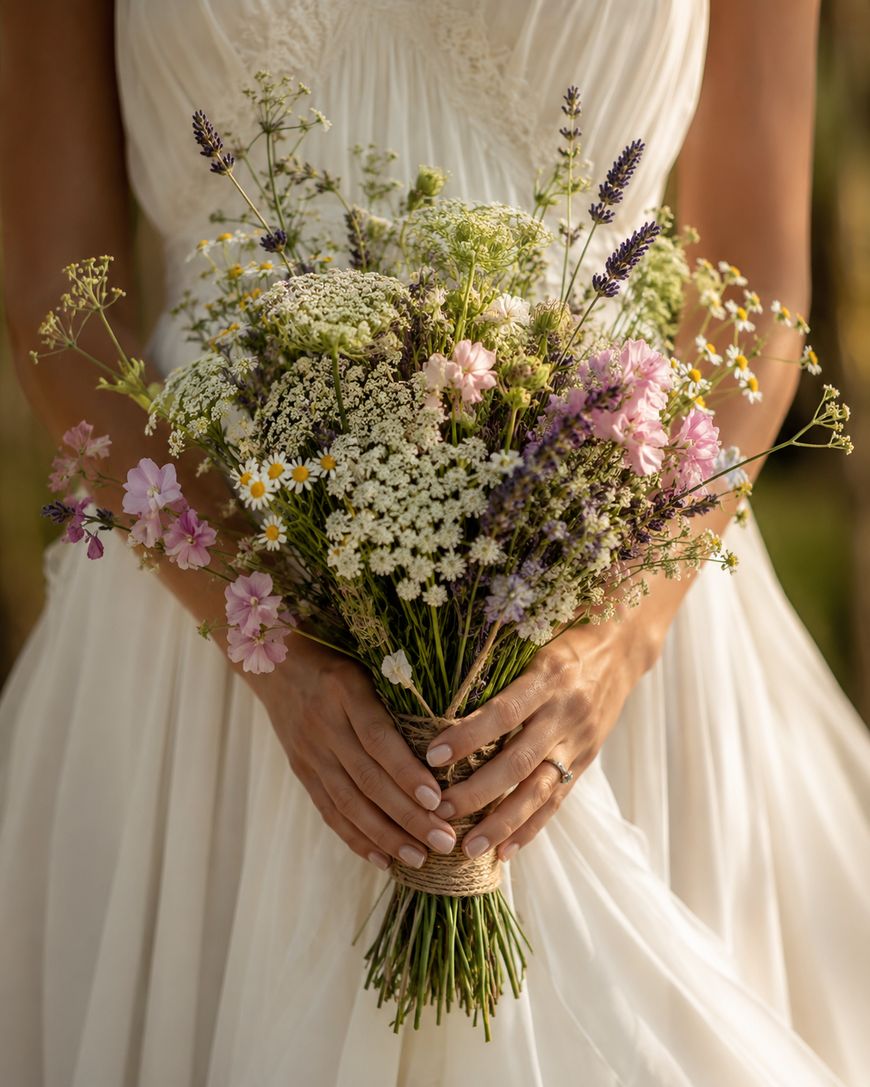 A bride in a white dress holds a rustic bouquet of wildflowers, including daisies, lavender, and queen anne’s lace, with soft pink and white blooms against a blurred outdoor background.