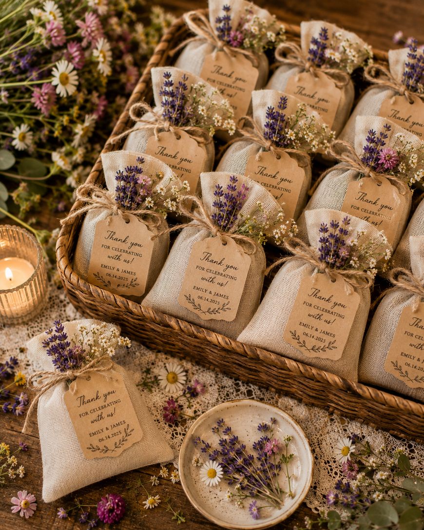 Small burlap bags decorated with lavender and flowers, each tied with twine and labeled “Thank you for celebrating with us,” arranged in a wicker basket. Nearby are more flowers, a candle, and a decorative lace cloth.