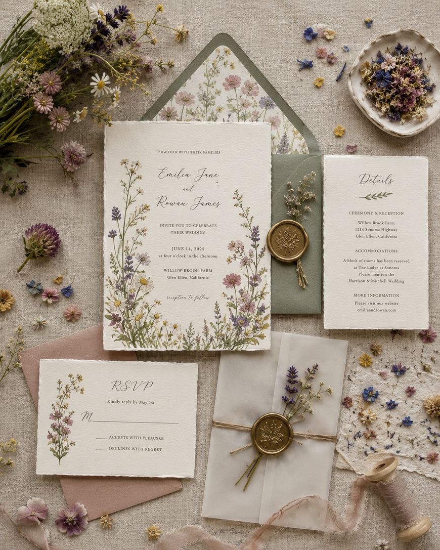 Flat lay of floral wedding invitations with matching RSVP card, envelopes, gold wax seals, and pressed wildflowers, surrounded by dried flowers on a beige surface. The overall style is rustic and botanical.