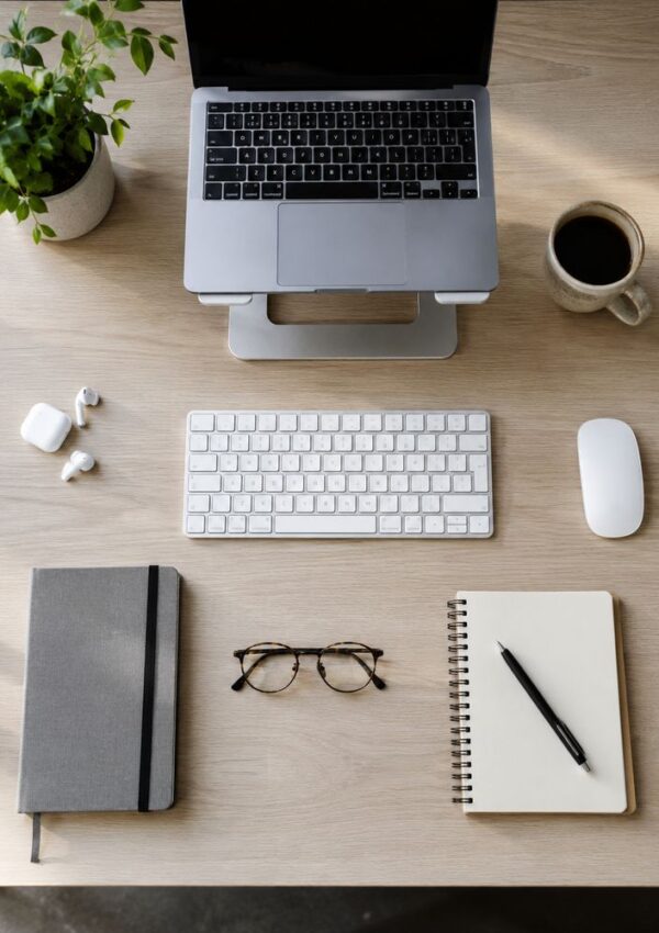 A tidy work from home setup with a laptop, wireless keyboard, mouse, coffee cup, notebook with pen, closed journal, eyeglasses, wireless earbuds, and a potted plant on a wooden desk, viewed from above.