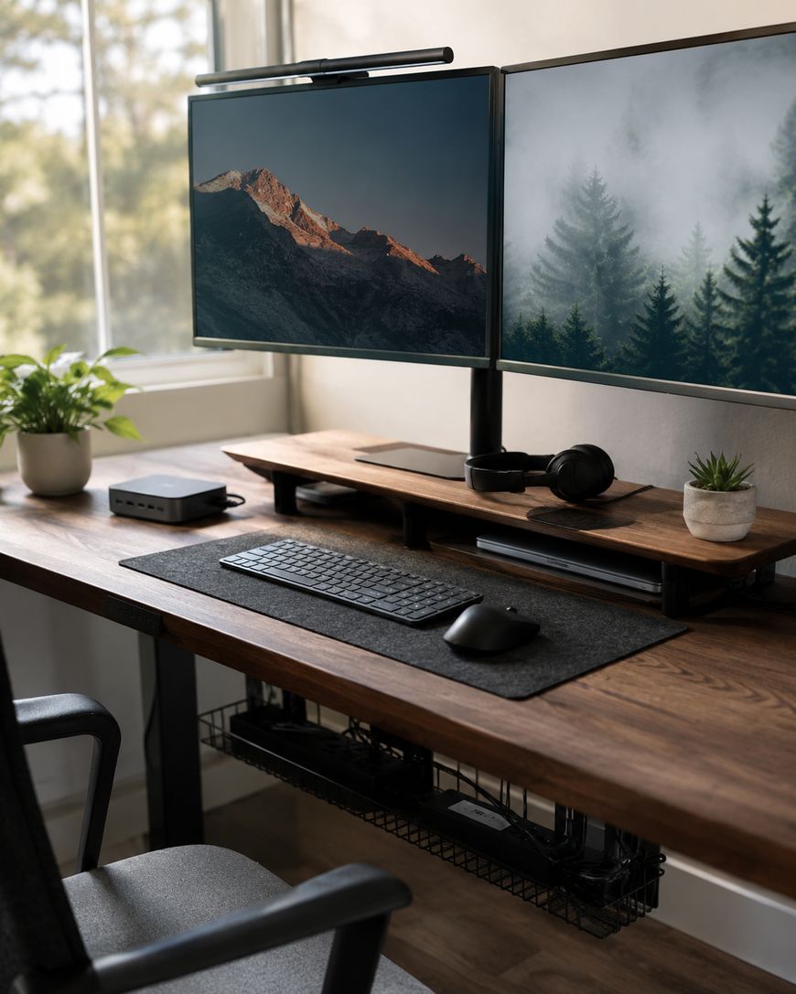 A modern desk setup with two monitors displaying nature scenes, a keyboard, mouse, headphones, small plants, and a computer on a wooden desk by a window with sunlight coming through.