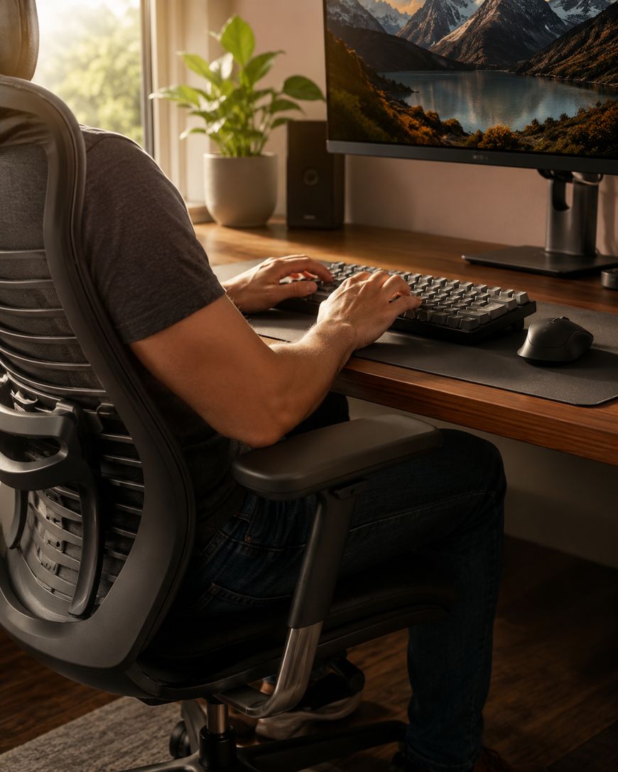 A person sits at a desk in an ergonomic chair, typing on a keyboard in front of a large monitor displaying a scenic landscape. A potted plant and natural light from a window add to the cozy workspace atmosphere.