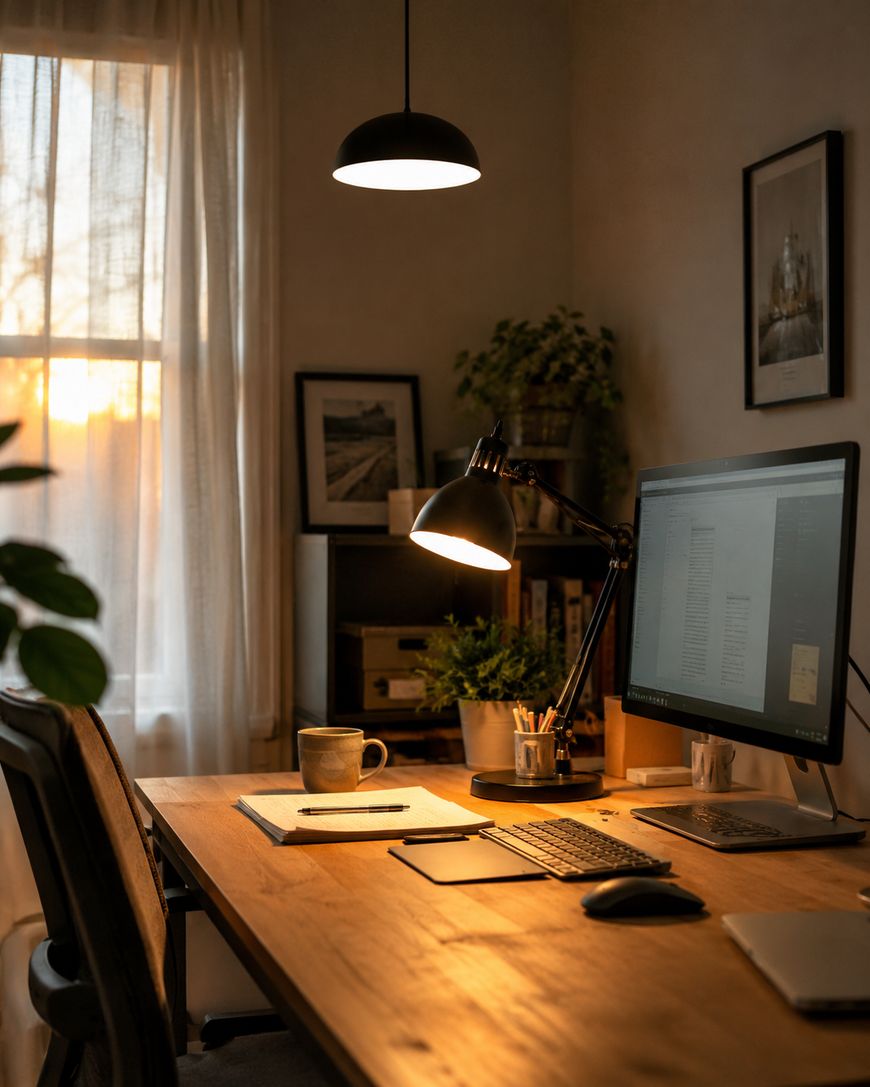 A cozy home office with a computer, lamp, mug, and stationery on a wooden desk. Warm light from a pendant lamp and sunset streams through a curtained window, creating a calm, inviting atmosphere. Framed art hangs on the wall.