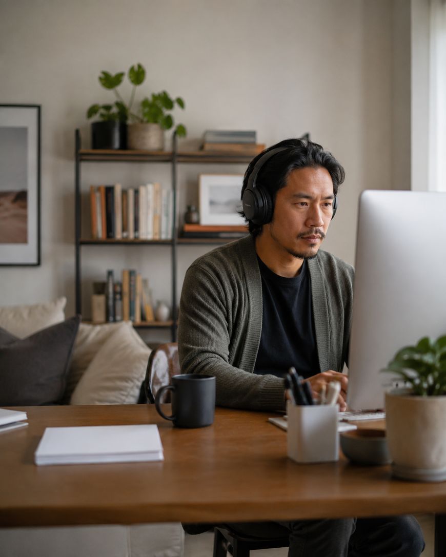 A man wearing headphones sits at a desk using a computer in a cozy home office with plants, bookshelves, and a coffee mug visible in the background.