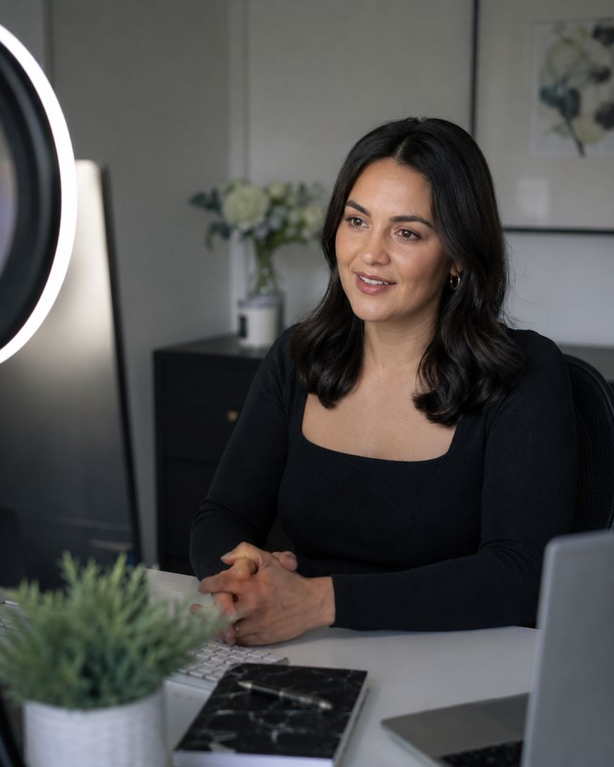 A woman with dark hair sits at a desk with a laptop, notebook, and plant, speaking in front of a ring light. The background features flowers in a vase and framed wall art.