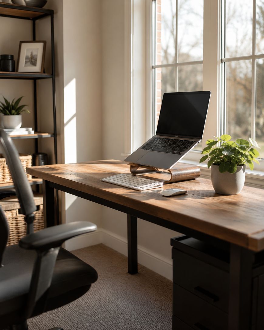 A bright, modern home office with a wooden desk, laptop on a stand, keyboard, mouse, potted plant, and shelving with baskets and decor near a large window letting in natural light.