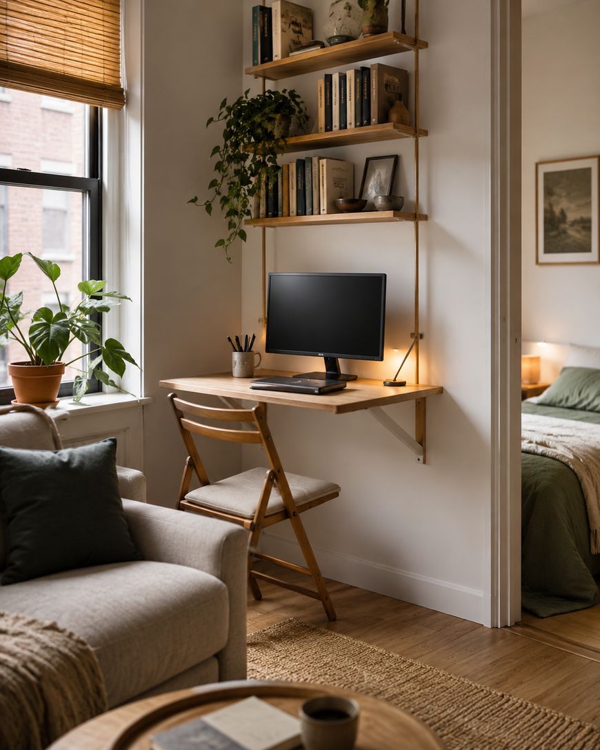A cozy home office features a wall-mounted wooden desk with a computer monitor, keyboard, and mouse. Above are shelves with books and plants. A wooden chair sits at the desk, and a bed is visible in an adjacent room.