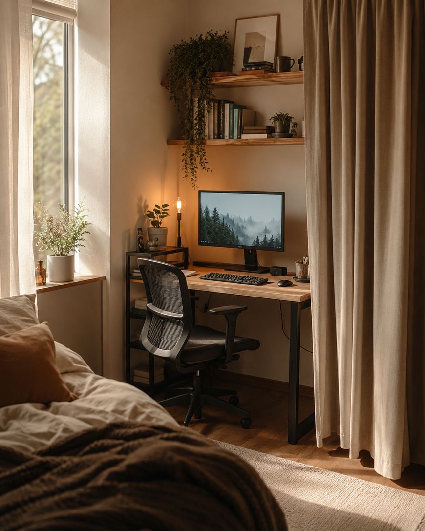 A cozy bedroom workspace with a desk, office chair, computer monitor displaying a forest scene, shelves with books and plants, a bed with blankets, and warm natural light from a window.