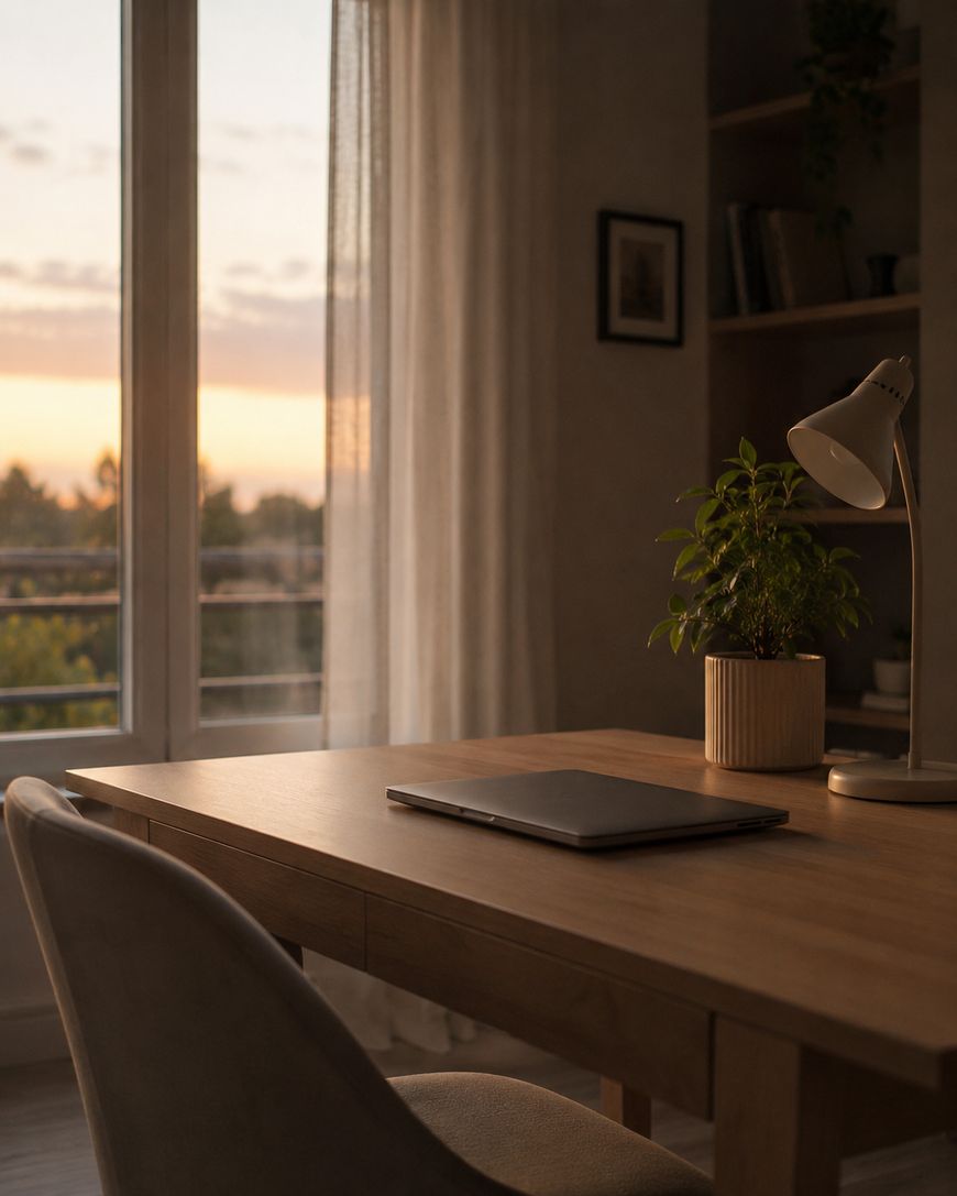 A cozy home office with a wooden desk, closed laptop, potted plant, and desk lamp. Sunlight streams through a large window with sheer curtains, creating a warm, inviting atmosphere at sunset.