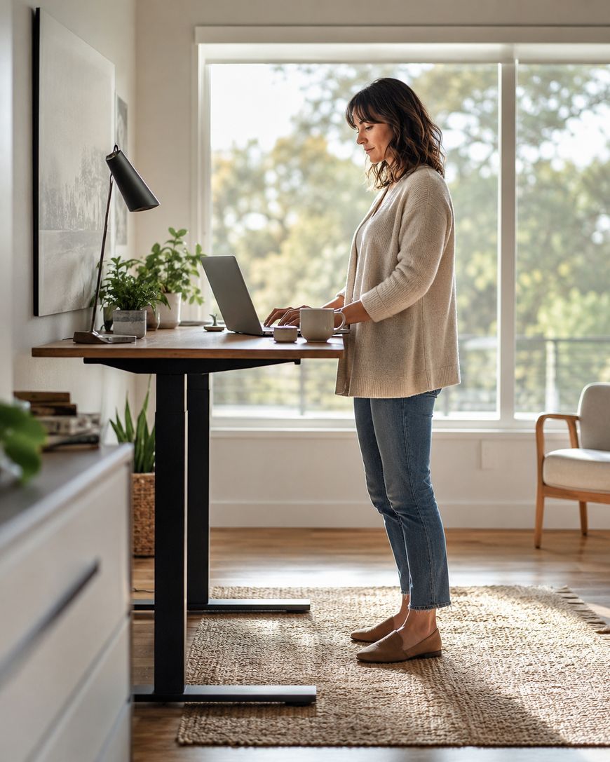 A woman stands at a height-adjustable desk, working on a laptop in a bright, modern home office with large windows, houseplants, and natural light. She holds a mug and is dressed in casual, comfortable clothing.