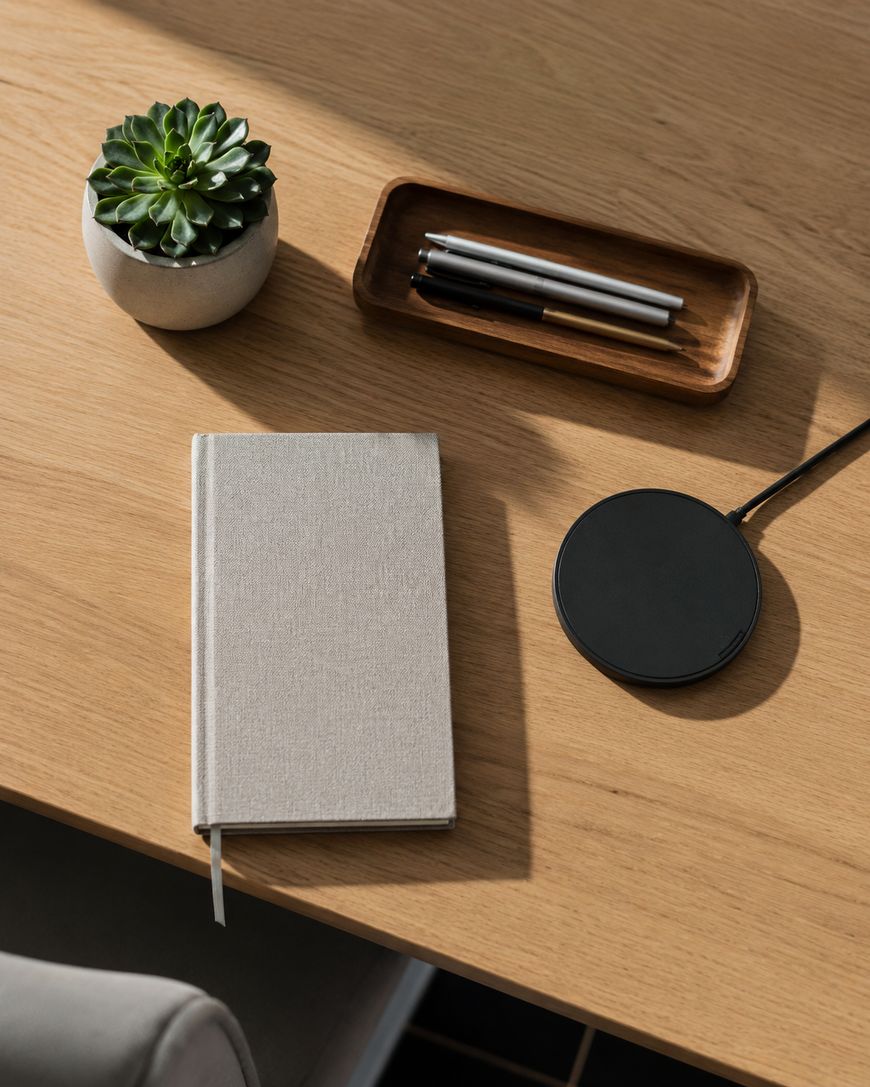 A wooden desk with a small potted succulent, a tray holding three pens, a closed beige notebook, and a round black wireless charger. Sunlight casts soft shadows across the surface.