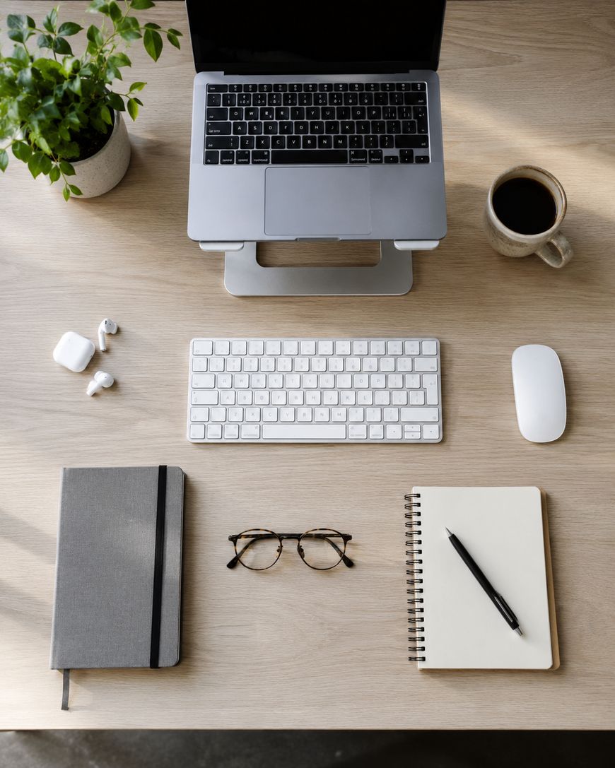 A tidy wooden desk with a laptop on a stand, wireless keyboard, mouse, a cup of coffee, glasses, a notebook and pen, a closed planner, wireless earbuds, and a potted plant.
