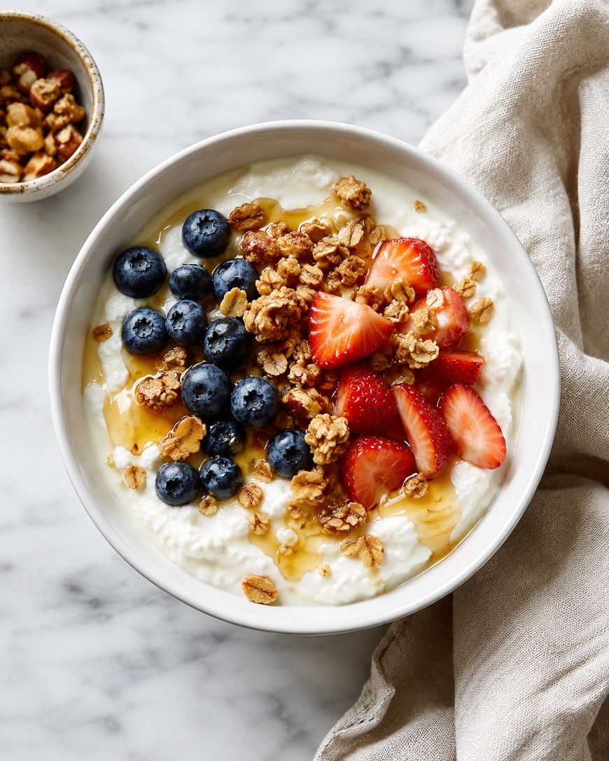 A bowl of yogurt topped with fresh blueberries, sliced strawberries, granola, and a drizzle of honey sits on a marble surface next to a beige cloth and a small bowl of granola.