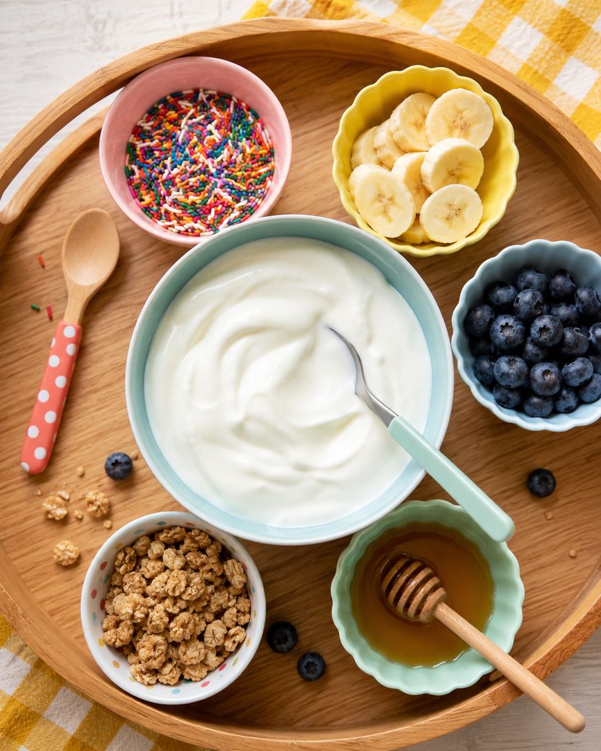 A wooden tray holds a bowl of yogurt with a spoon, surrounded by bowls of blueberries, banana slices, granola, rainbow sprinkles, and honey with a dipper, plus a spoon and a yellow checkered napkin.