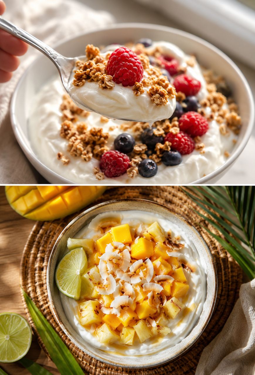 A bowl of yogurt topped with granola, raspberries, and blueberries (top), and a bowl of yogurt topped with mango, pineapple, shredded coconut, and toasted coconut flakes (bottom), both served with fresh lime.
