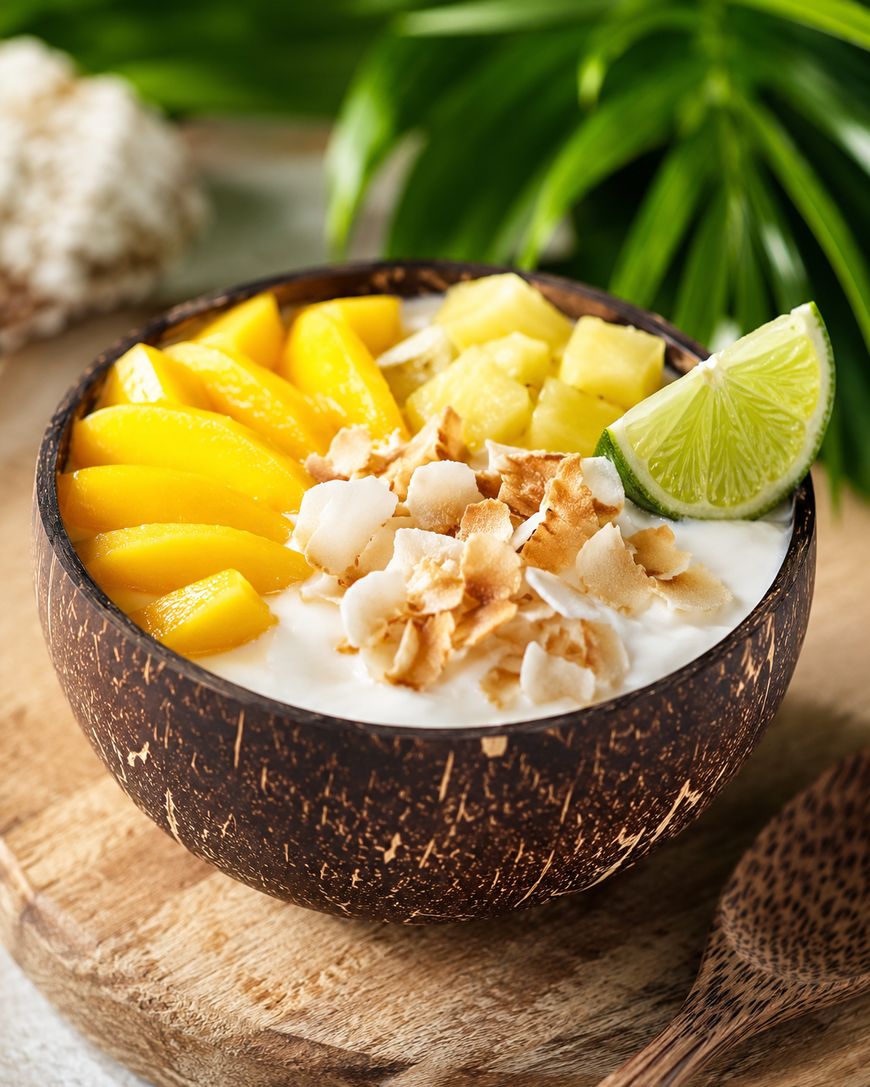 A coconut bowl filled with creamy yogurt, topped with sliced mango, pineapple chunks, toasted coconut flakes, and a lime wedge, placed on a wooden surface with tropical leaves in the background.