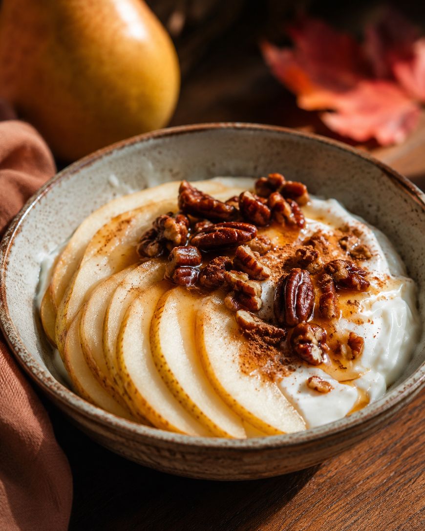 A bowl of yogurt topped with thinly sliced pears, pecans, a sprinkle of cinnamon, and a drizzle of honey, set on a wooden table with a pear and autumn leaf in the background.