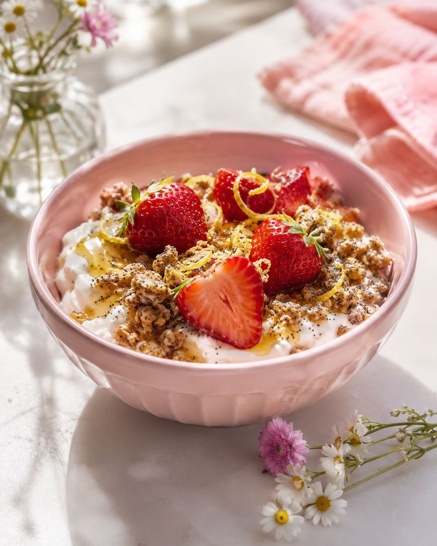 A pink bowl filled with cottage cheese, topped with fresh strawberries, granola, lemon zest, chia seeds, and honey. The bowl is on a light surface with flowers and a pink cloth nearby.