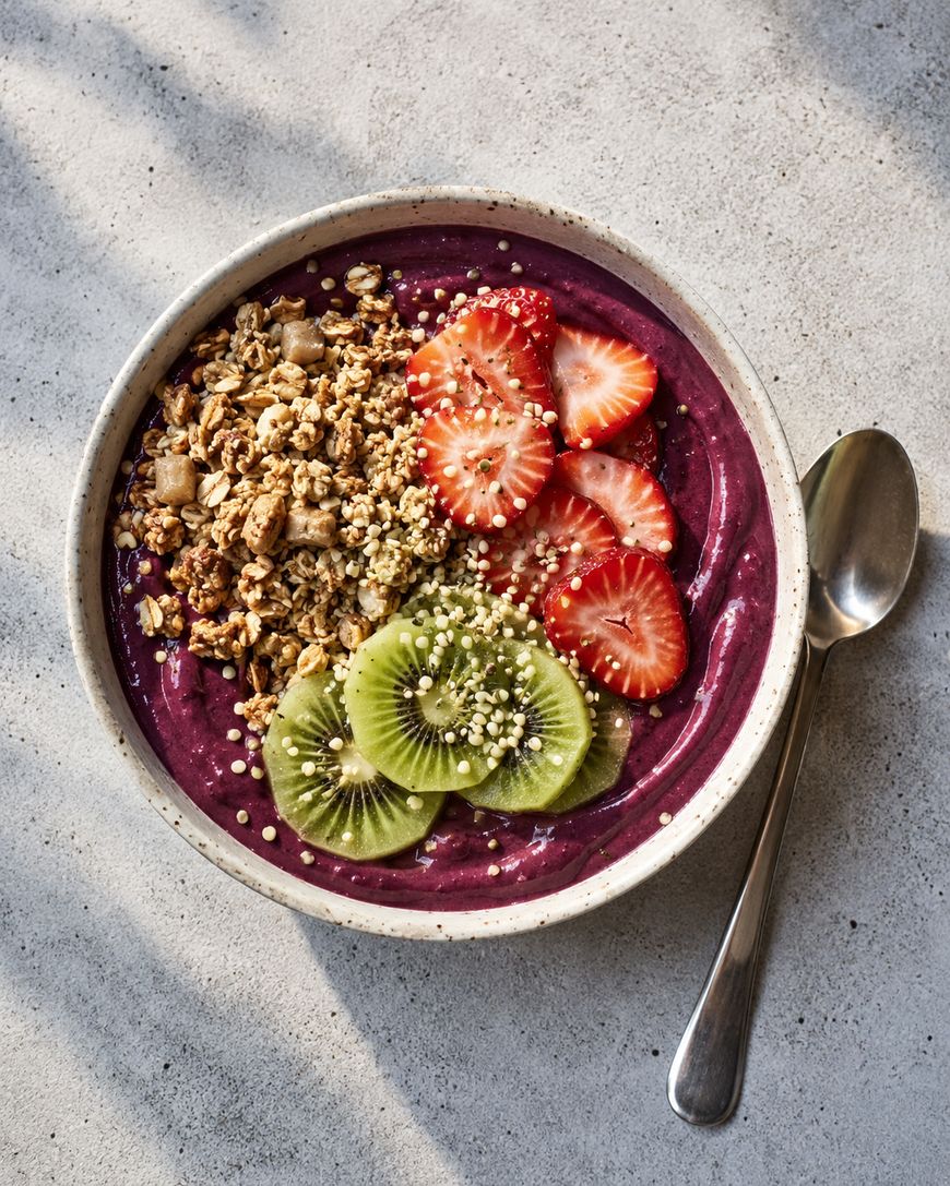 A bowl of purple smoothie topped with granola, sliced strawberries, kiwi, and seeds, sits on a light gray surface beside a metal spoon.