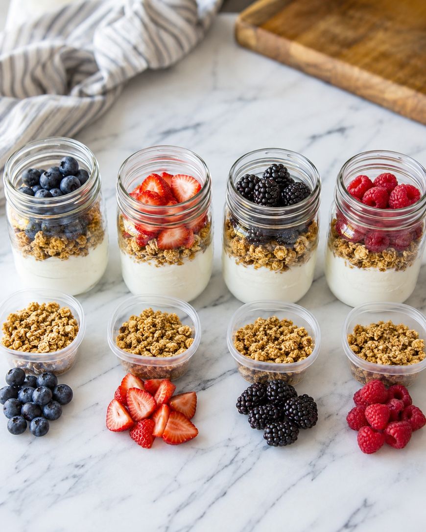 Four jars filled with yogurt, granola, and topped with blueberries, strawberries, blackberries, and raspberries are arranged on a marble surface. Small containers of granola and fresh berries are placed in front of each jar.