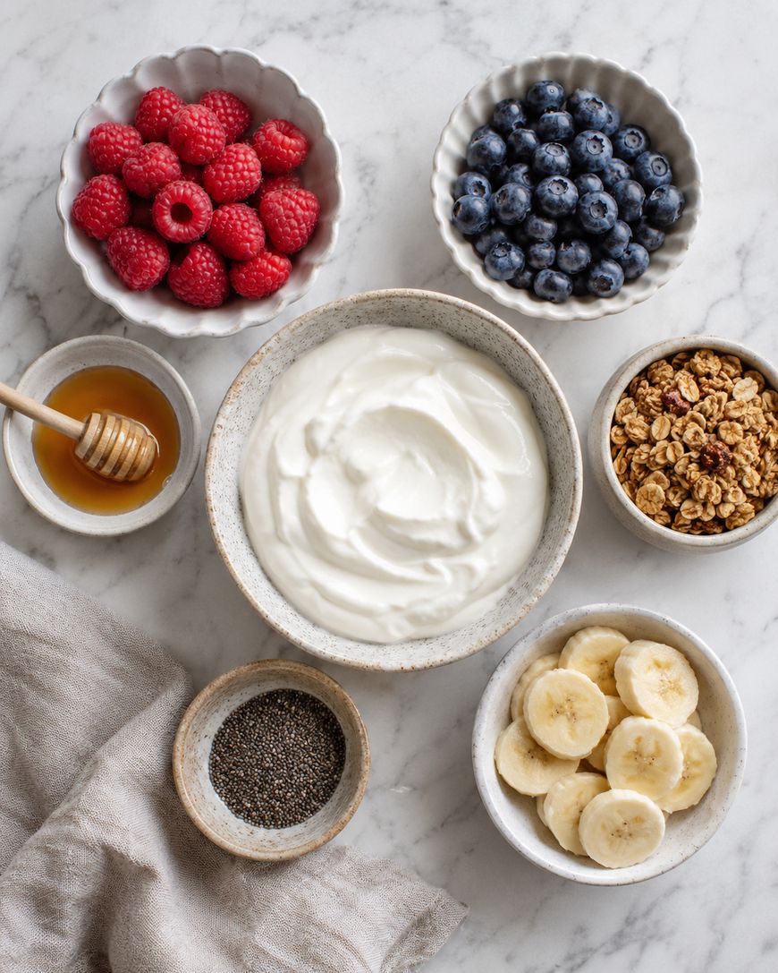 A bowl of plain yogurt surrounded by small bowls containing raspberries, blueberries, granola, banana slices, chia seeds, and honey, all arranged on a marble surface.