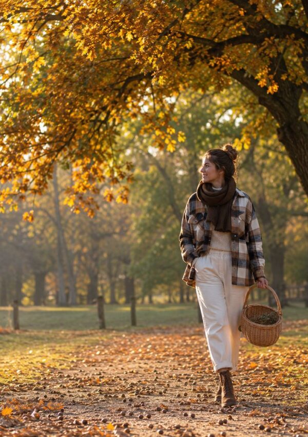 A woman walks on a leaf-covered path in a park during autumn, holding a wicker basket. She wears light pants, a plaid jacket, and a scarf. Yellow and orange leaves hang from trees as sunlight filters through.
