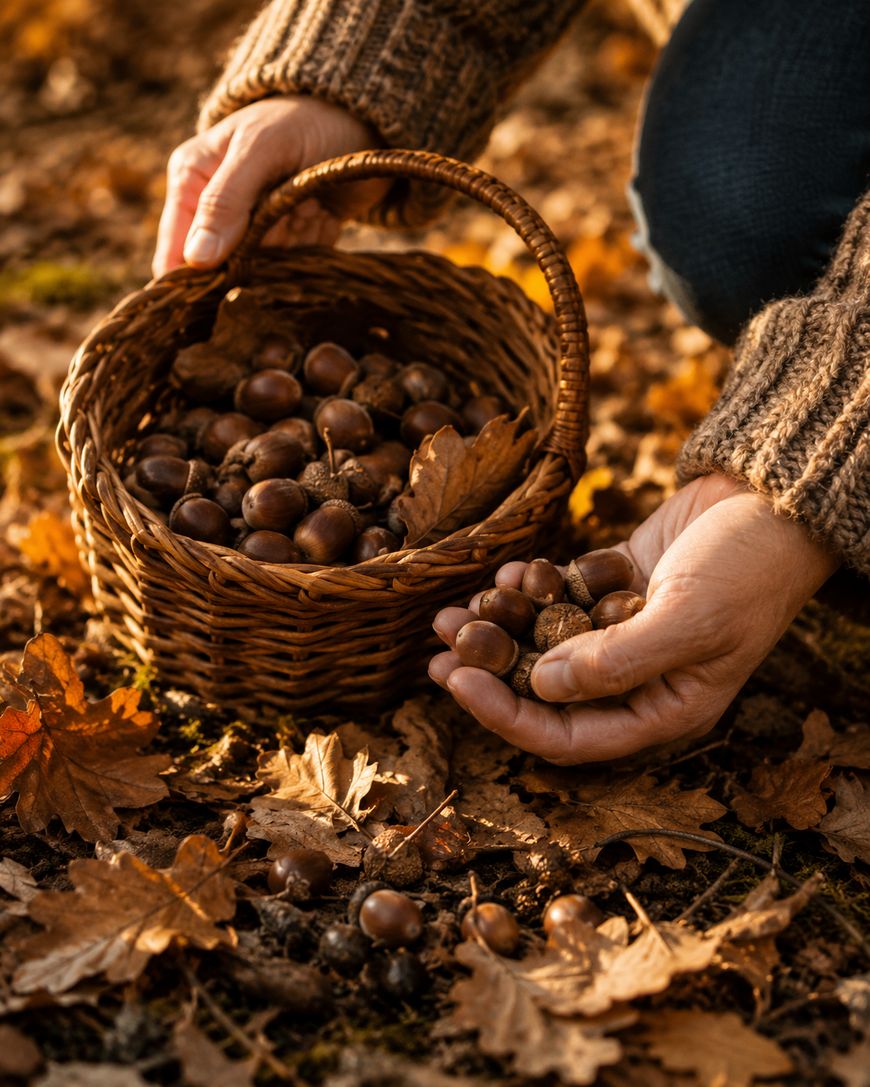 A person wearing a brown sweater gathers acorns on a forest floor covered with autumn leaves, placing some into a woven basket filled with more acorns.
