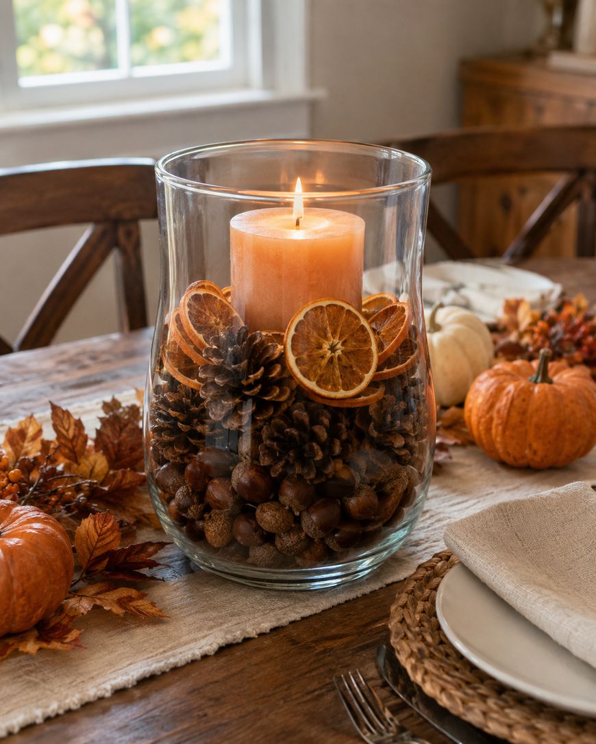 A glass vase centerpiece with a lit candle, pinecones, acorns, and dried orange slices, surrounded by pumpkins and autumn leaves, sits on a wooden dining table set for fall.
